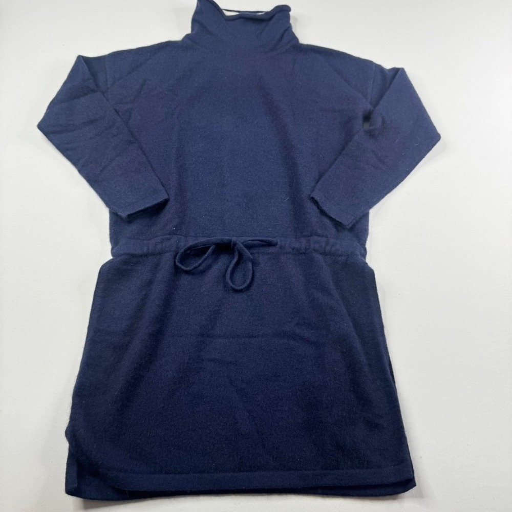 Navy Blue 100% Cashmere Funnel Neck Drawstring‎ Waist Mini Sweater Dress Womens